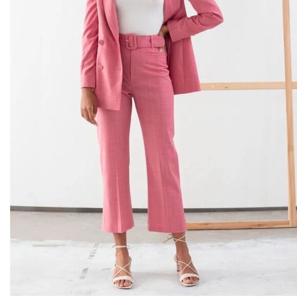 & OTHER STORIES Belted Plaid Kick Flare Trousers Pink Wool Blend- Size 6 - Picture 1 of 13